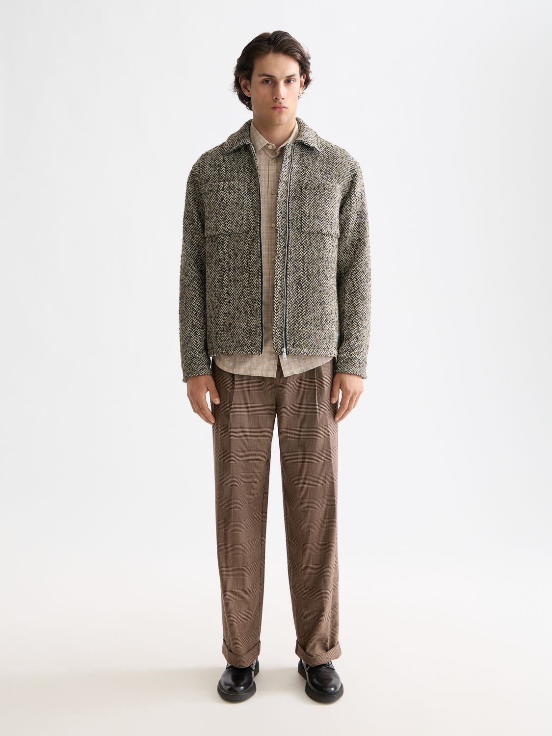 Checkered wool-blend pleated baggy chino