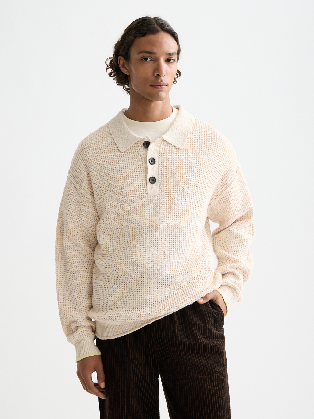 Waffle dropped shoulder long sleeve polo