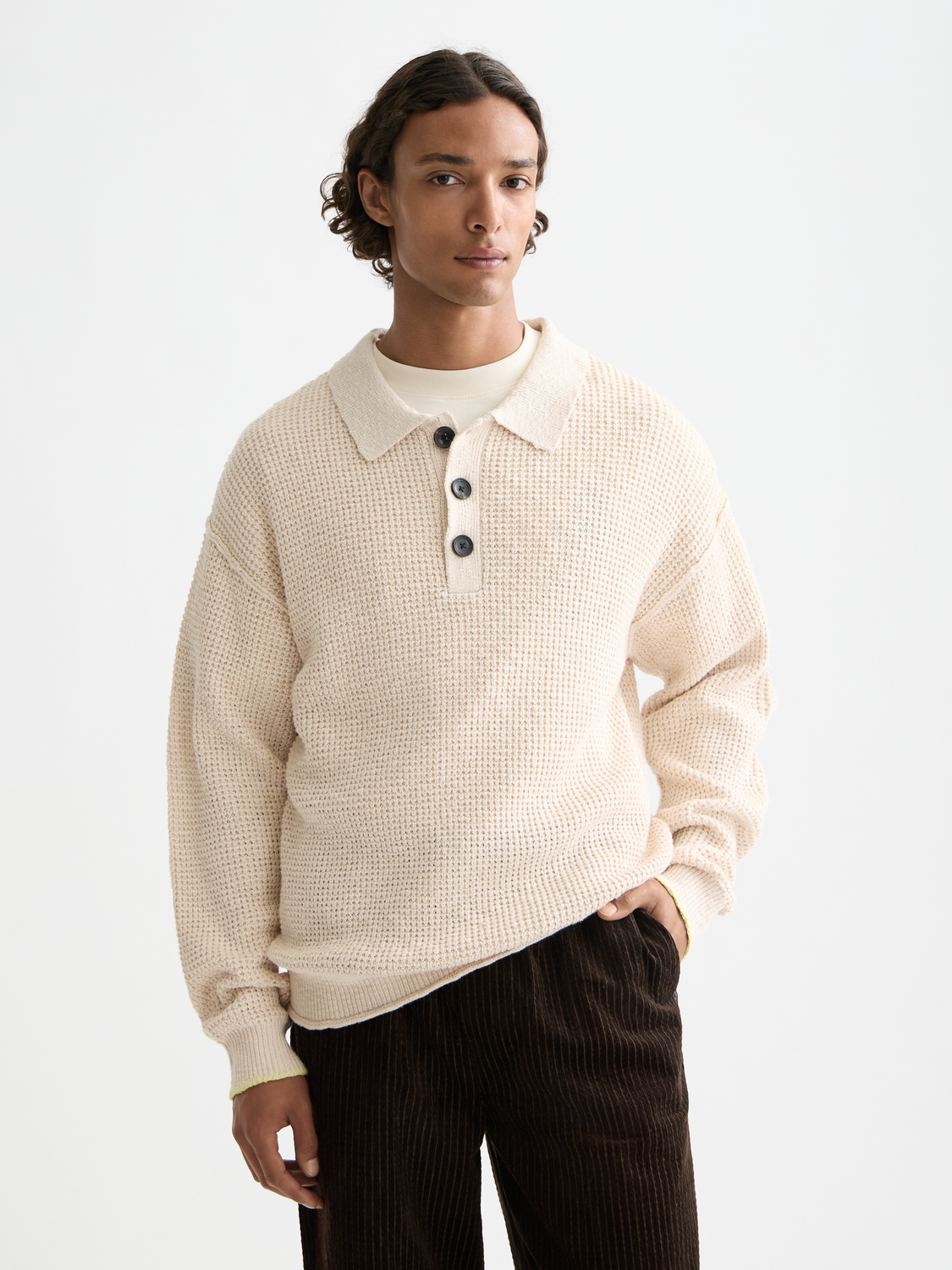 Waffle dropped shoulder long sleeve polo