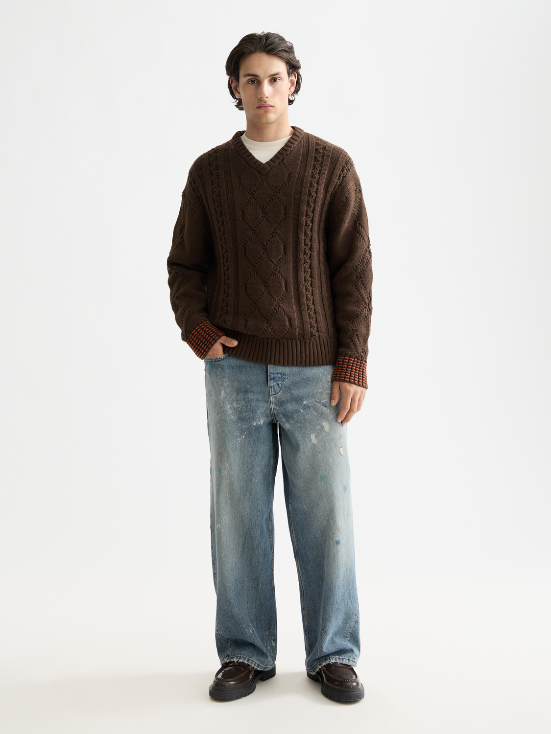 V-Neck chunky cable loose pullover