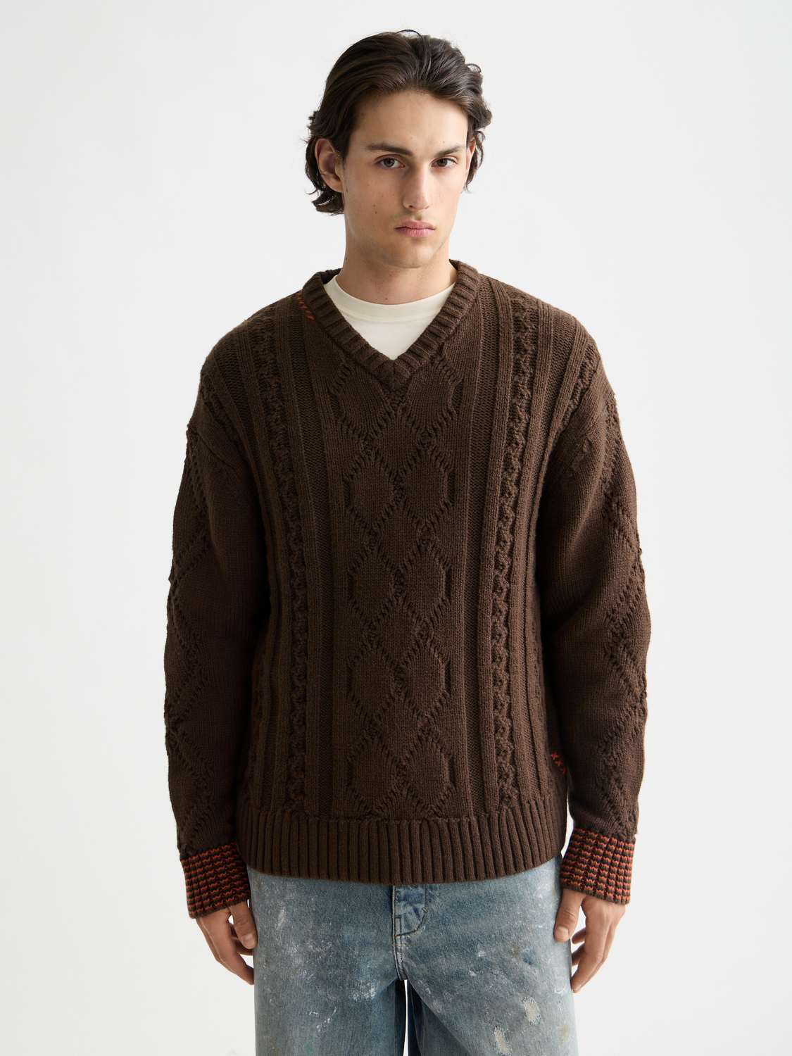 V-Neck chunky cable loose pullover