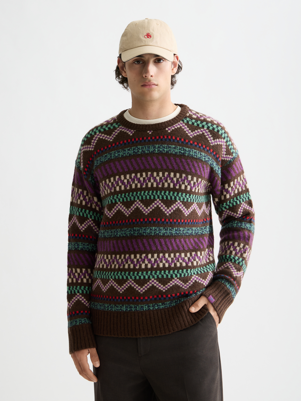 Jacquard dropped shoulder crewneck