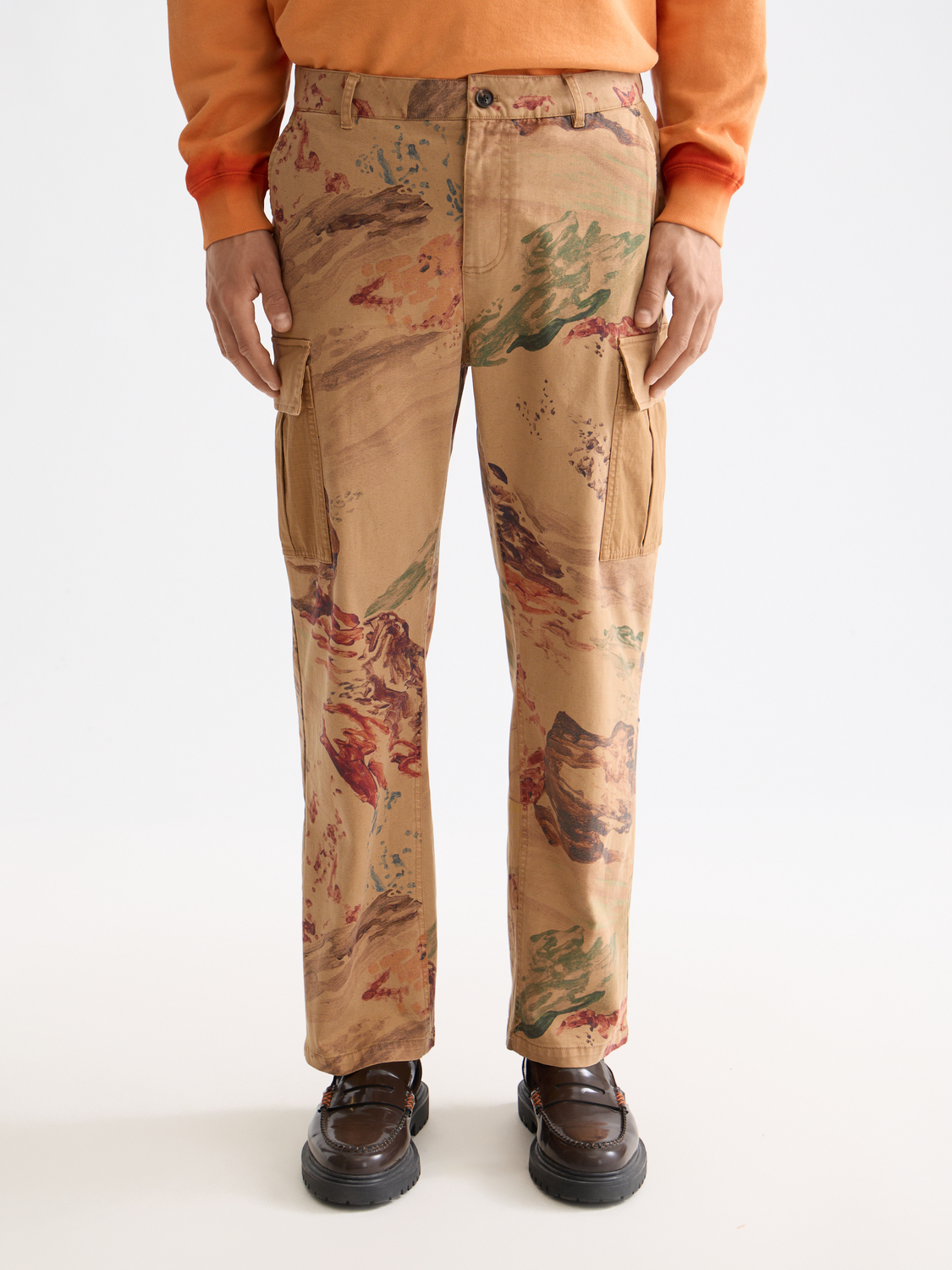 Harper-Printed garment-dyed cotton blend loose tapered cargo