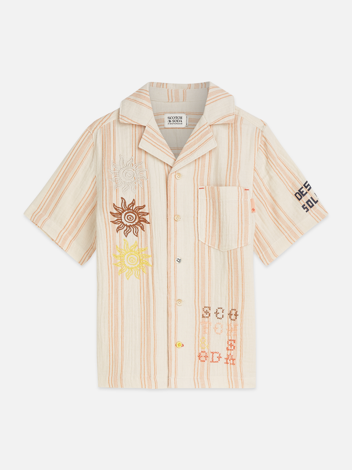 Placed embroidery stripe cotton short sleeve shirt