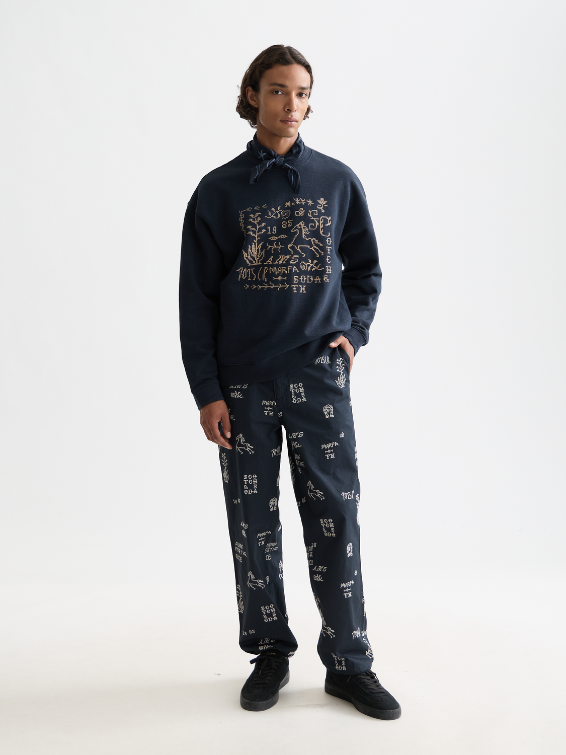 Embroidered cotton-blend relaxed straight chino