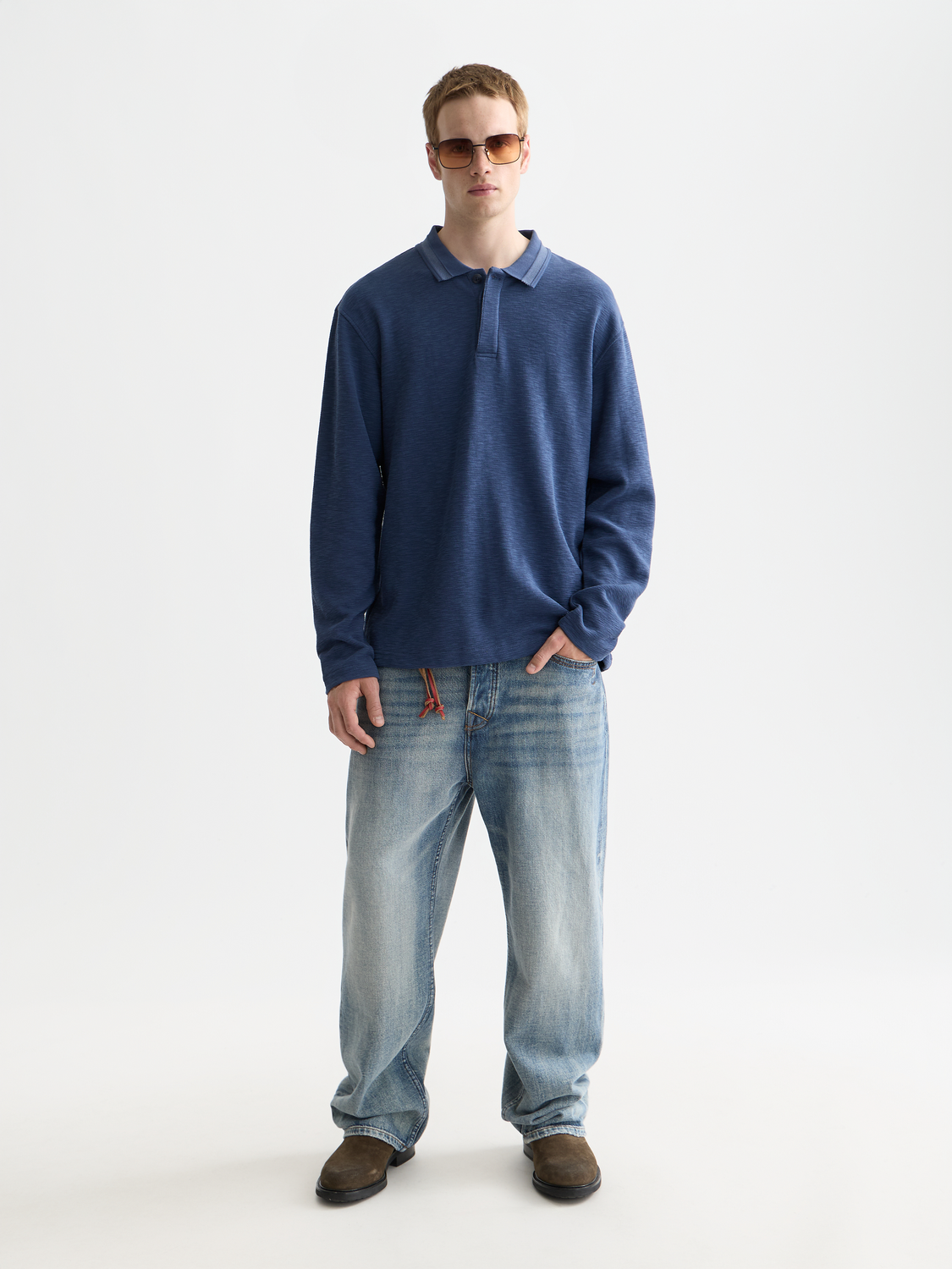 Structured relaxed long sleeve polo