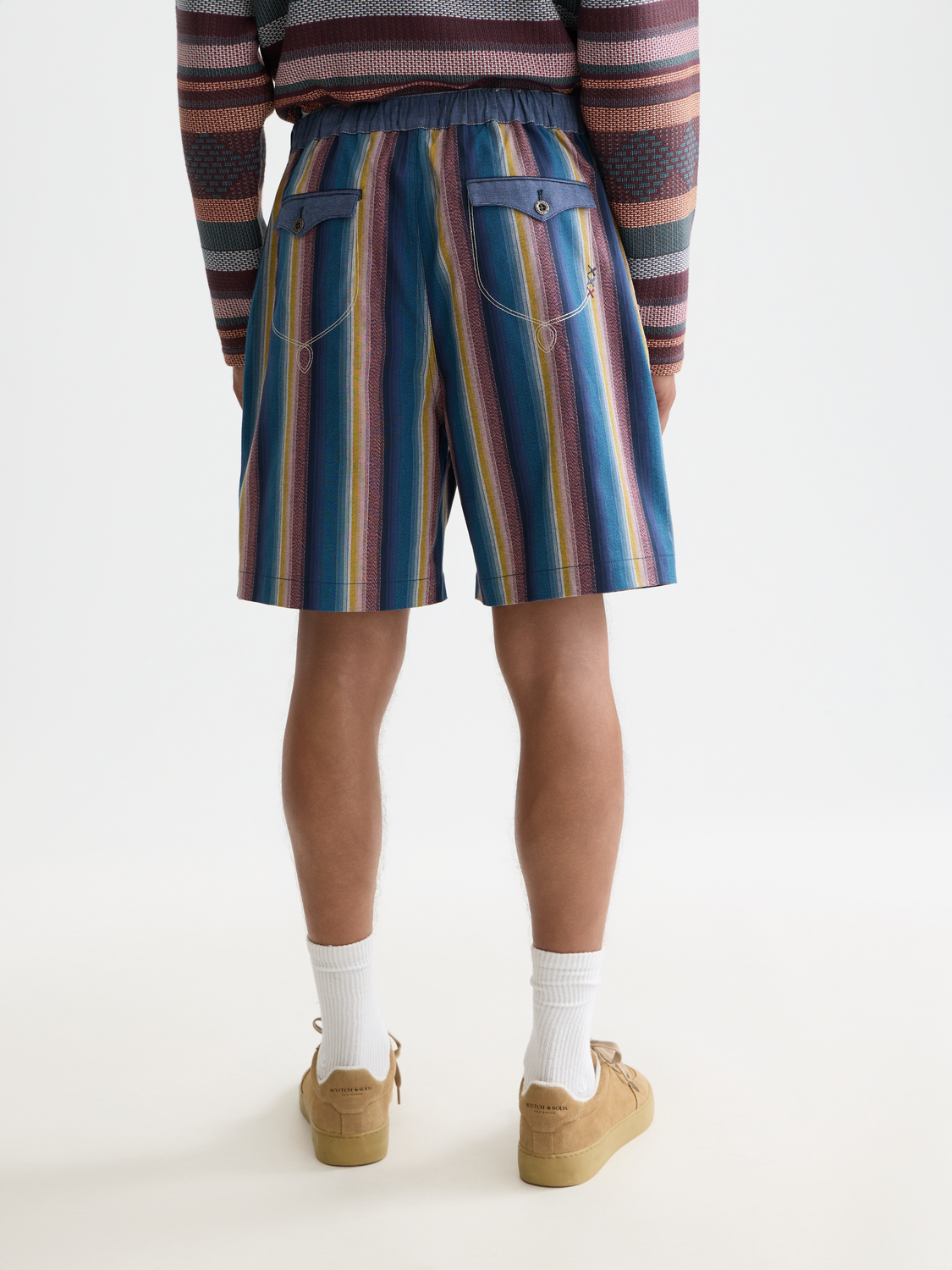 Western detailed striped cotton loose bermuda shorts