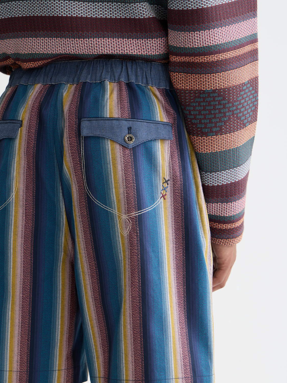 Western detailed striped cotton loose bermuda shorts