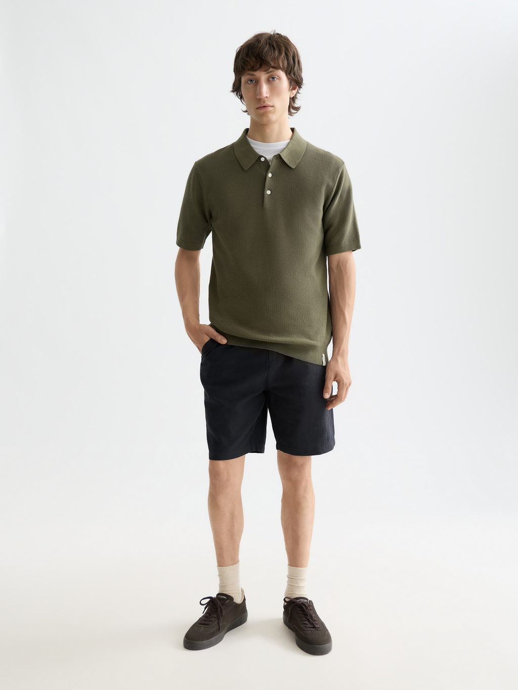 Essentials Structured knitted regular-fit polo - OLIVE NIGHT