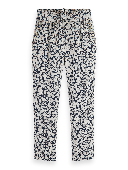 TAPERED ALL-OVER PRINTED AND EMBROIDERED VISCOSE PANTS