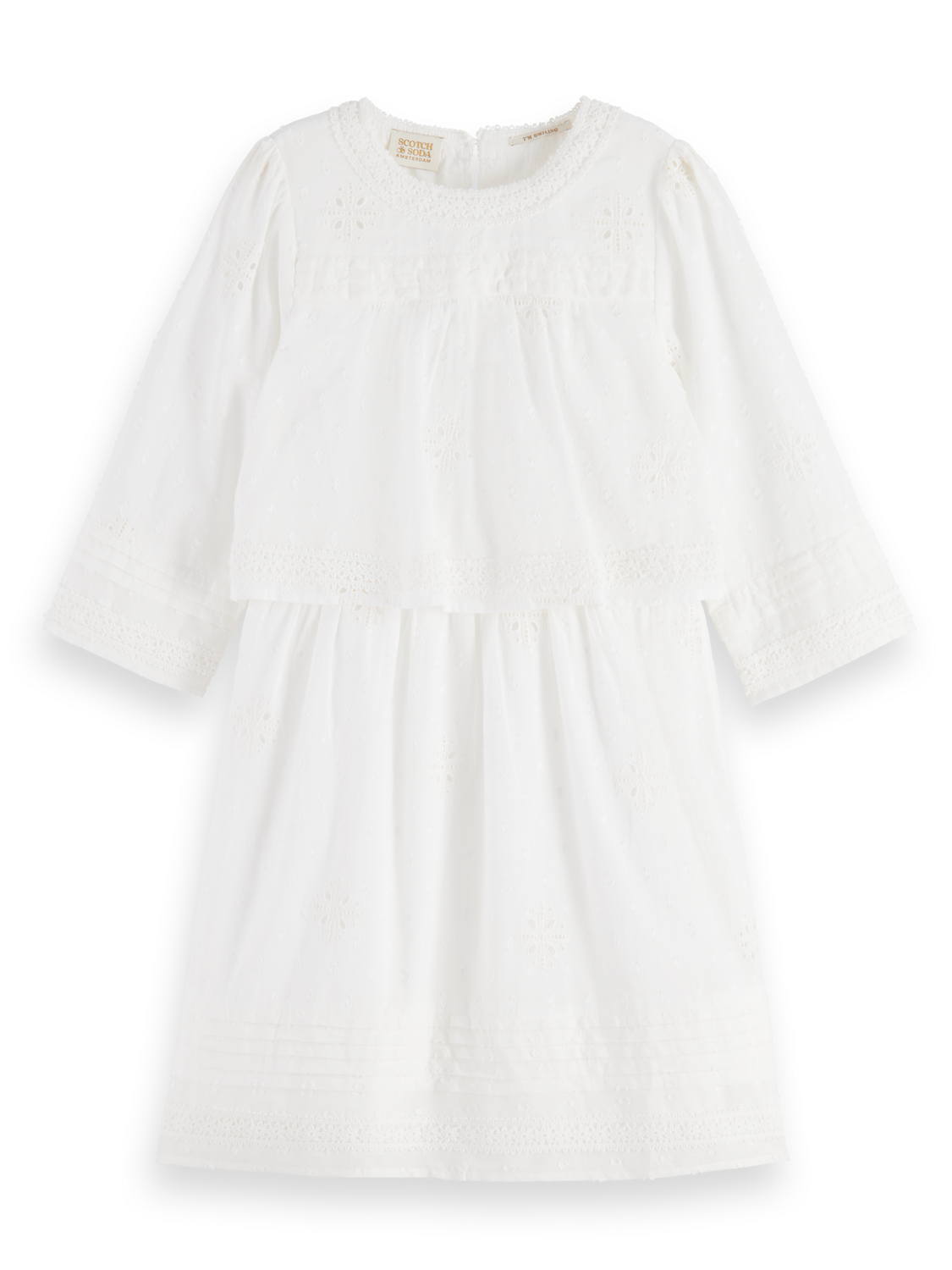 BRODERIE ANGLAISE & CLIP JACQUARD 3/4 SLEEVE DRESS