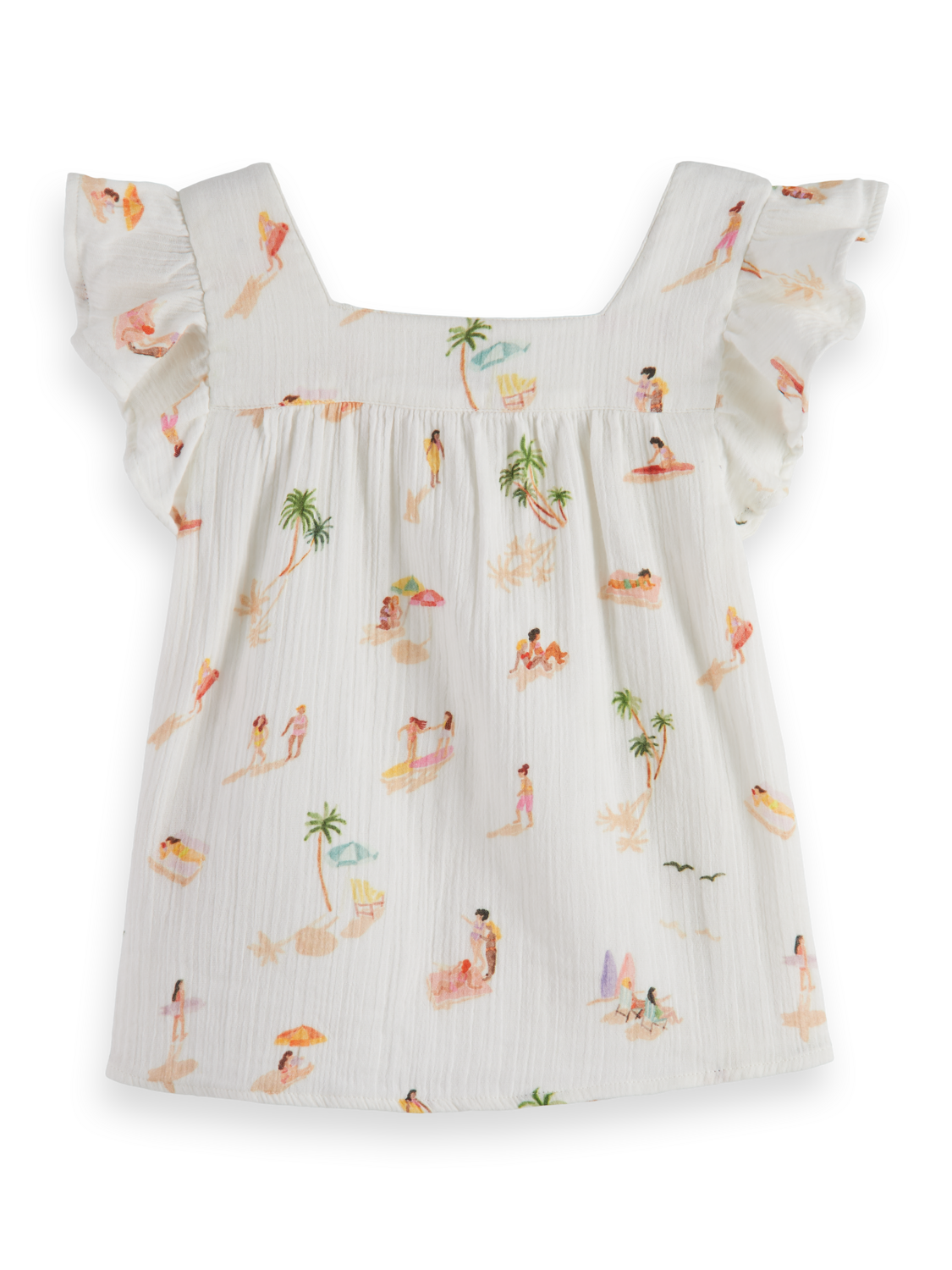 RUFFLE SLEEVE ALL-OVER PRINTED CRINKLE COTTON TOP