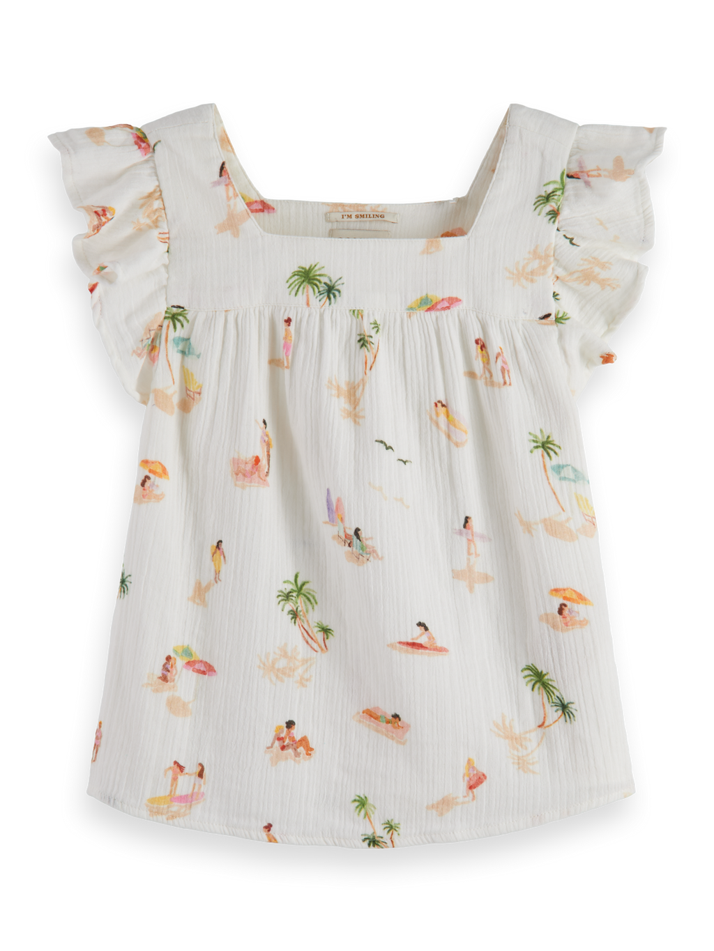 RUFFLE SLEEVE ALL-OVER PRINTED CRINKLE COTTON TOP