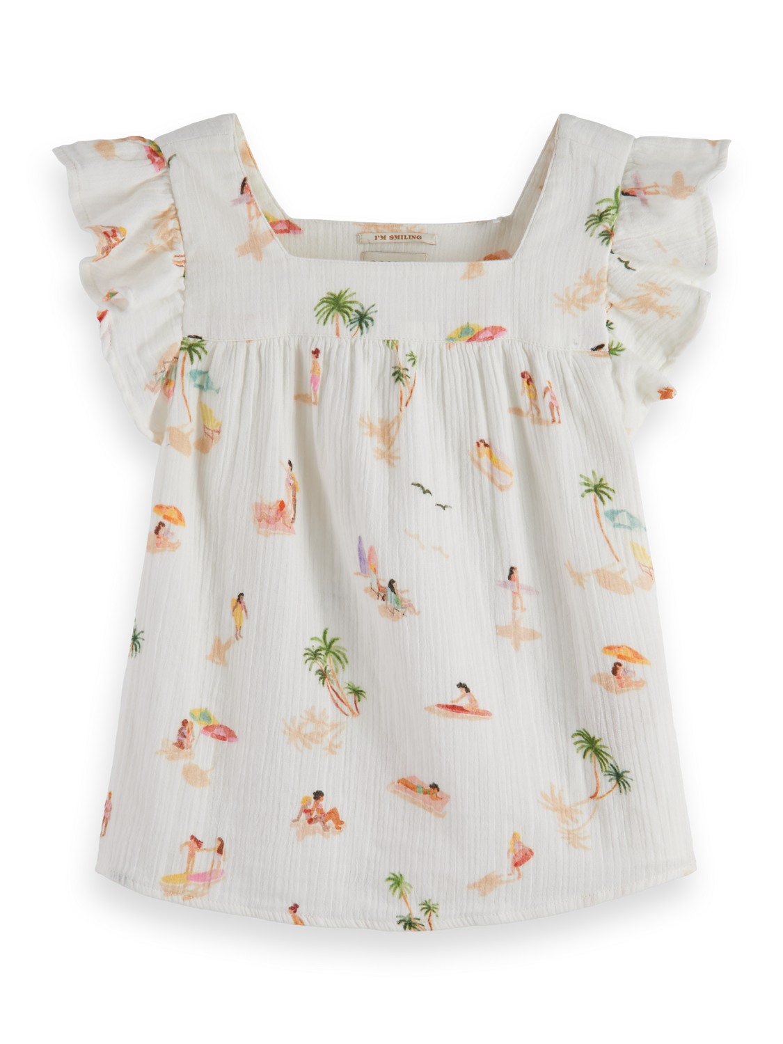 RUFFLE SLEEVE ALL-OVER PRINTED CRINKLE COTTON TOP