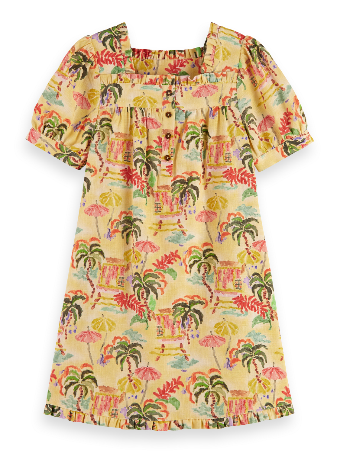ALL-OVER PRINTED SHORT-SLEEVED LINEN BLEND DRESS