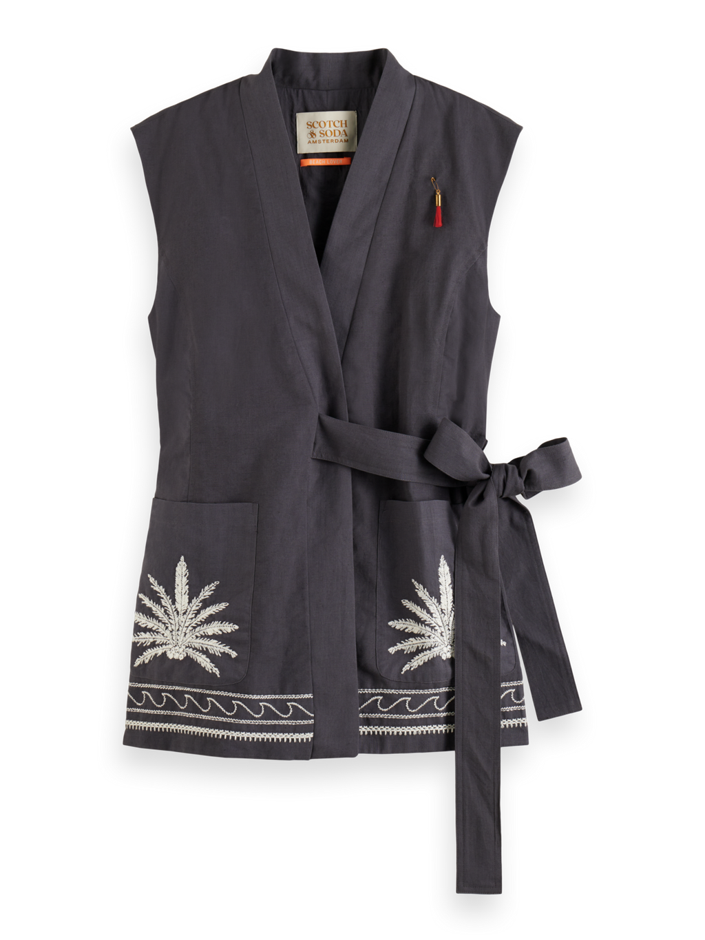BELTED GILET WITH PALM EMBROIDERY