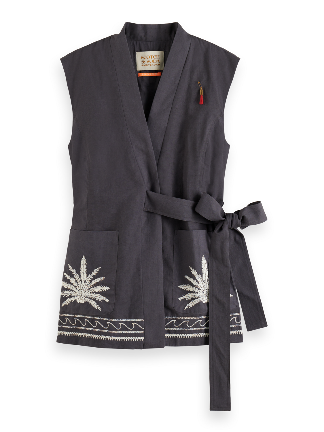 BELTED GILET WITH PALM EMBROIDERY
