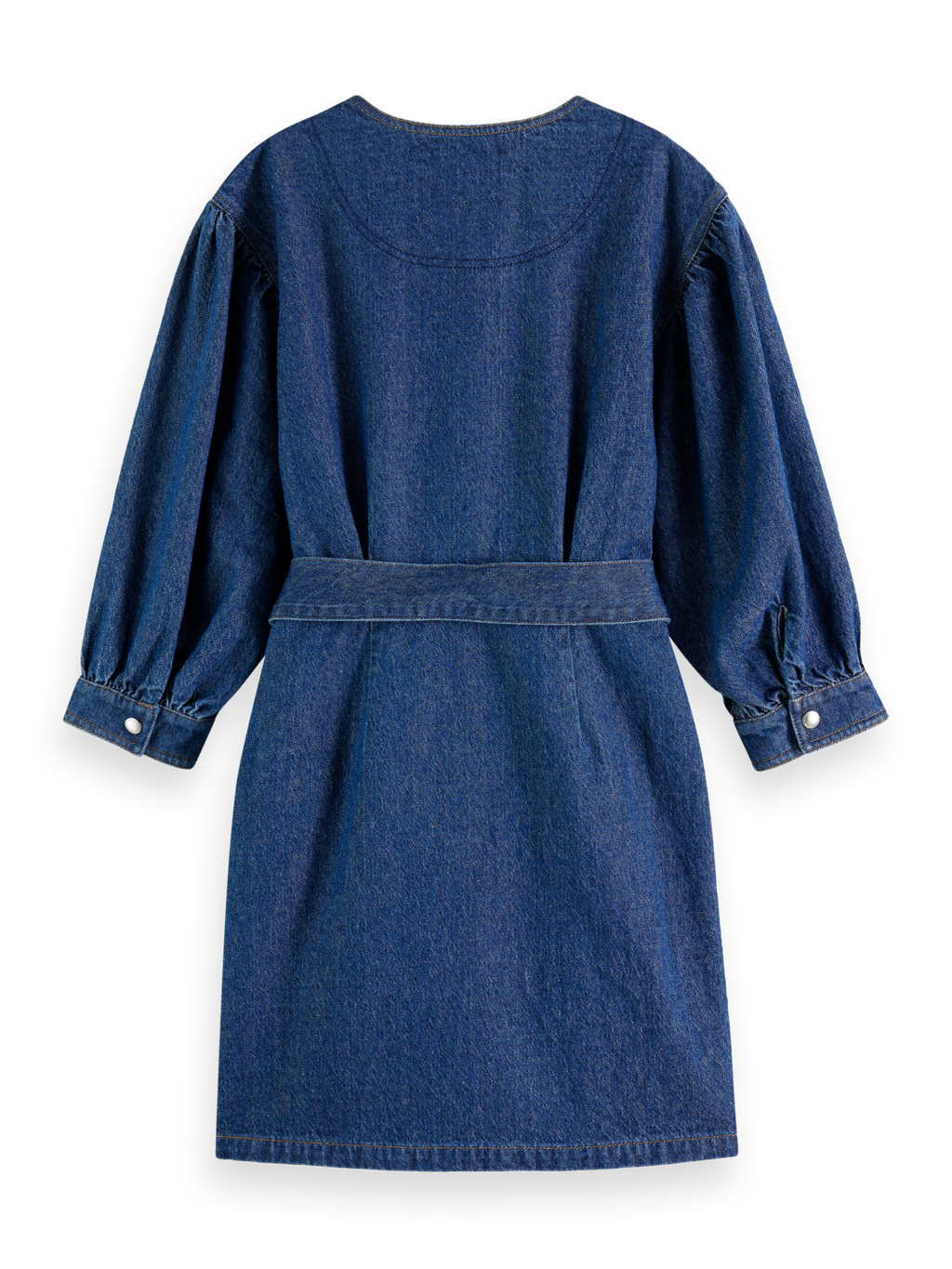 BELTED V - NECK WASHED DENIM DRESS