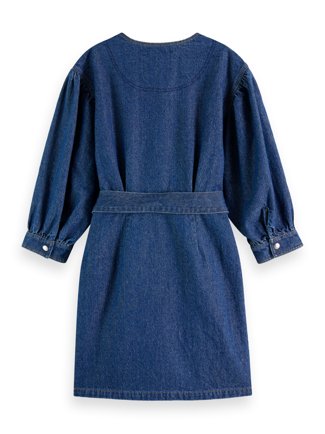 BELTED V - NECK WASHED DENIM DRESS