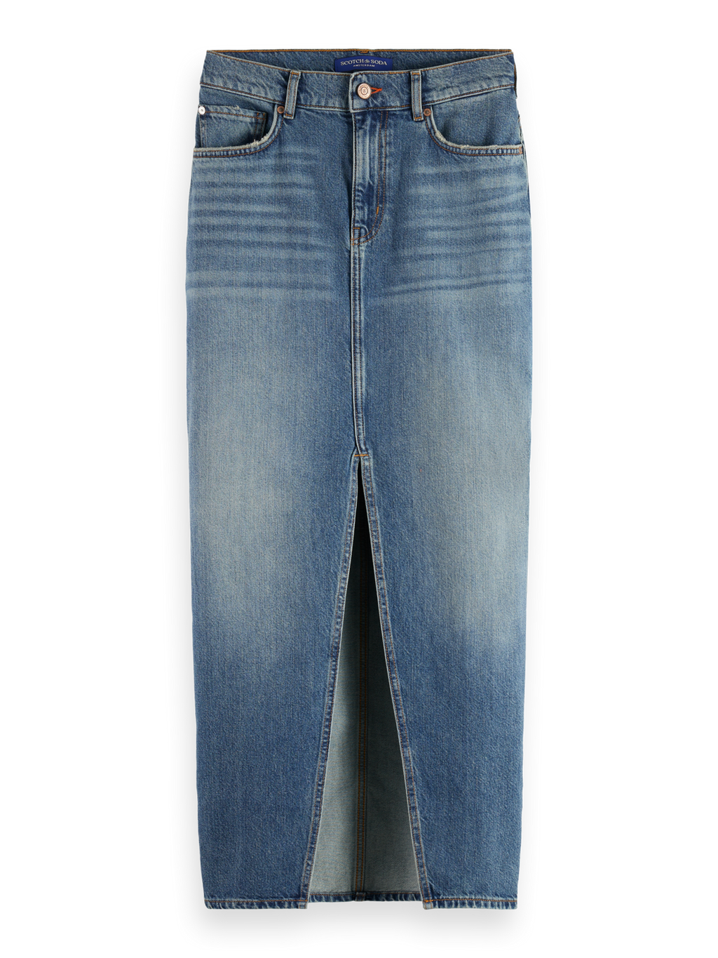 LONG VINTAGE WASHED DENIM SKIRT WITH FRONT SPLIT