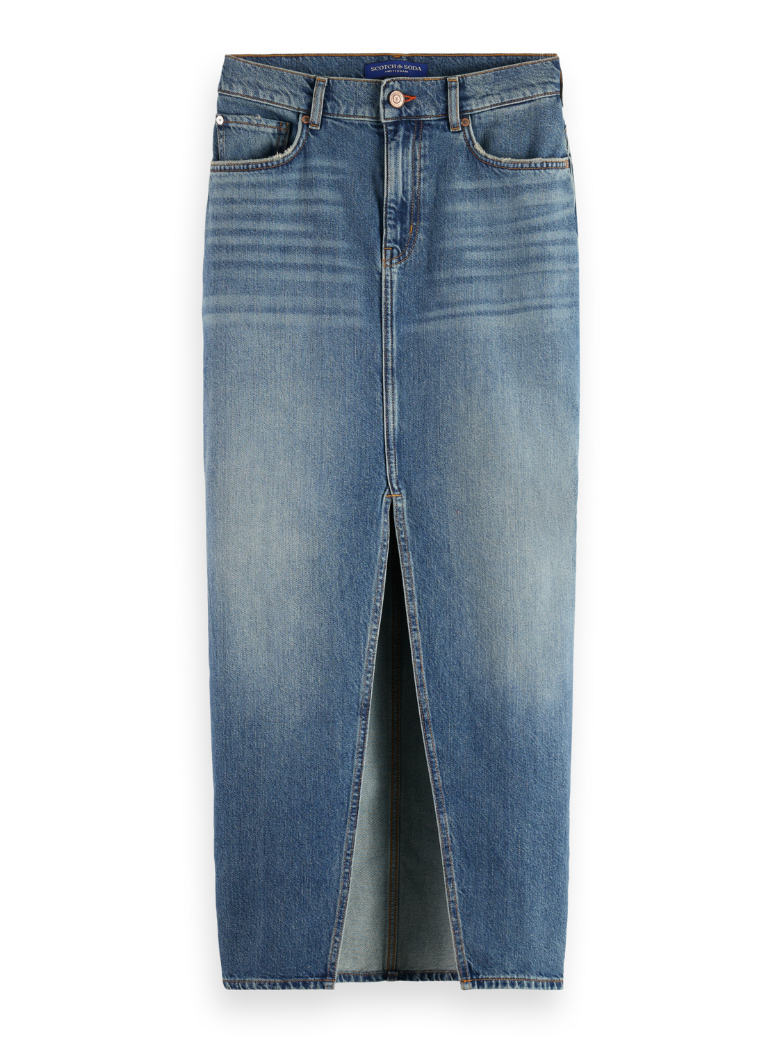 LONG VINTAGE WASHED DENIM SKIRT WITH FRONT SPLIT