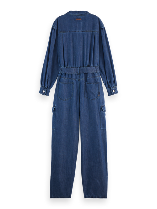 LIGHTWEIGHT DENIM JUMPSUIT IN DARK WASH WITH TONAL DETAILING