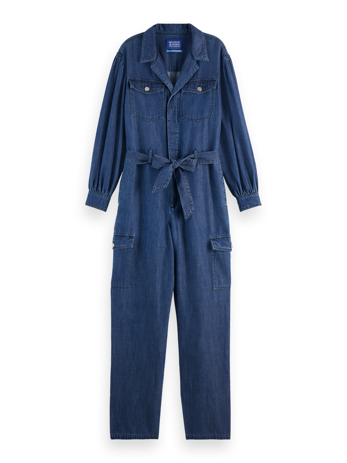 LIGHTWEIGHT DENIM JUMPSUIT IN DARK WASH WITH TONAL DETAILING