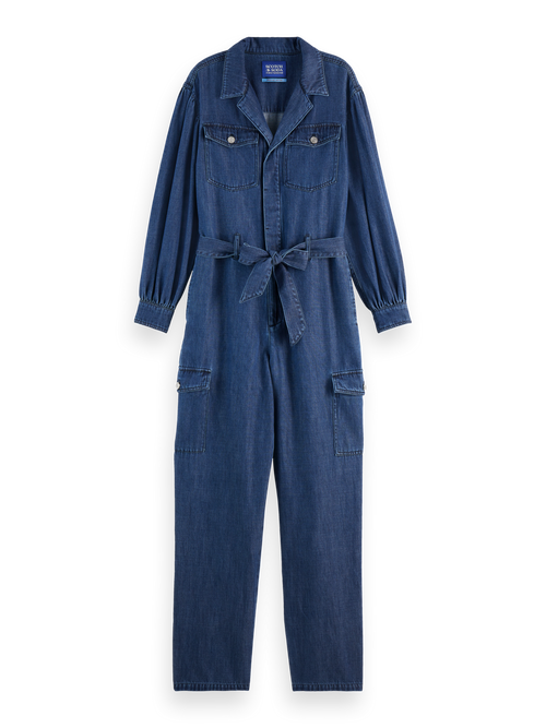 LIGHTWEIGHT DENIM JUMPSUIT IN DARK WASH WITH TONAL DETAILING