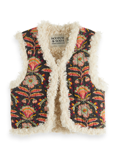 PRINTED GILET WITH FAUX FUR