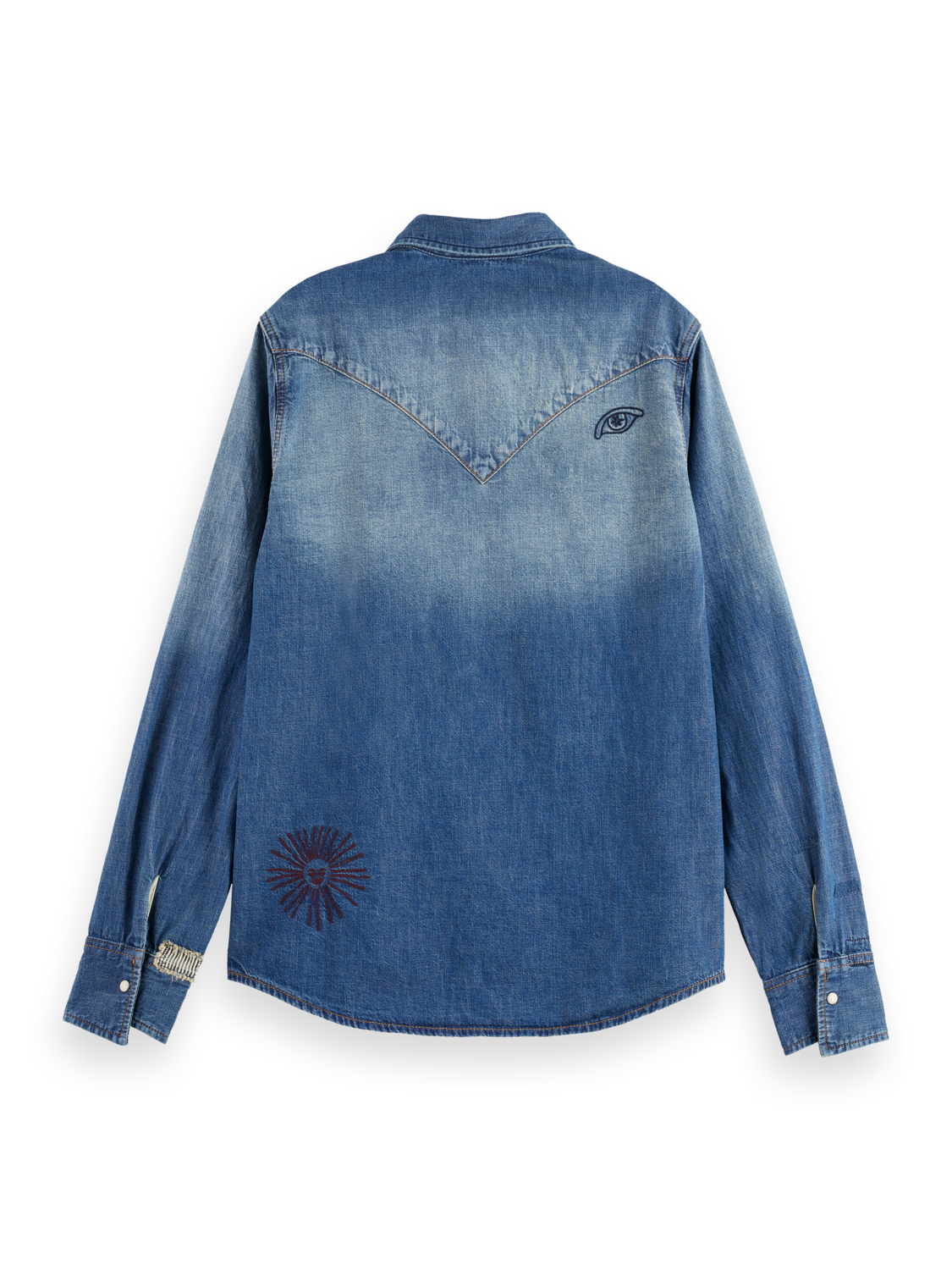 WASHED REGULAR FIT DENIM WESTERN SHIRT WITH EMBROIDERIES