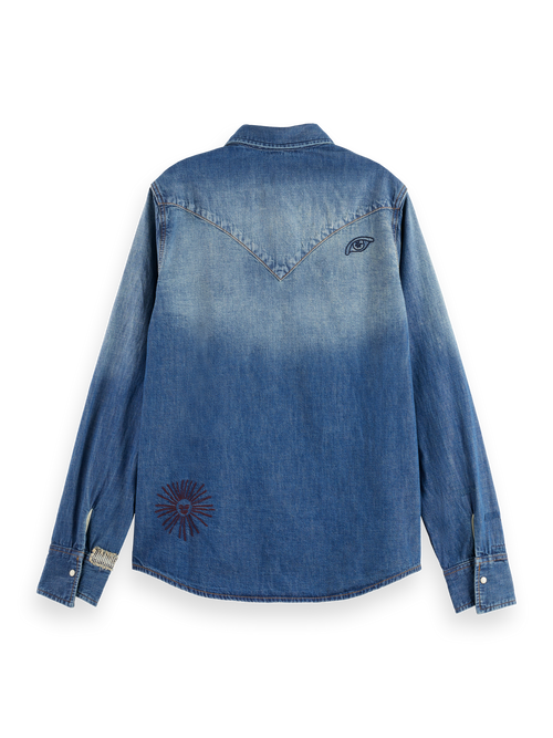 WASHED REGULAR FIT DENIM WESTERN SHIRT WITH EMBROIDERIES