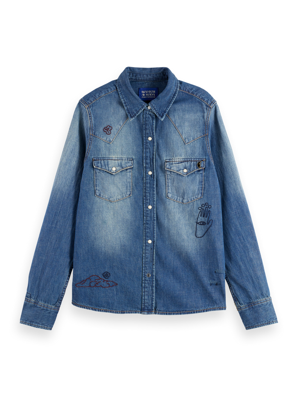 WASHED REGULAR FIT DENIM WESTERN SHIRT WITH EMBROIDERIES