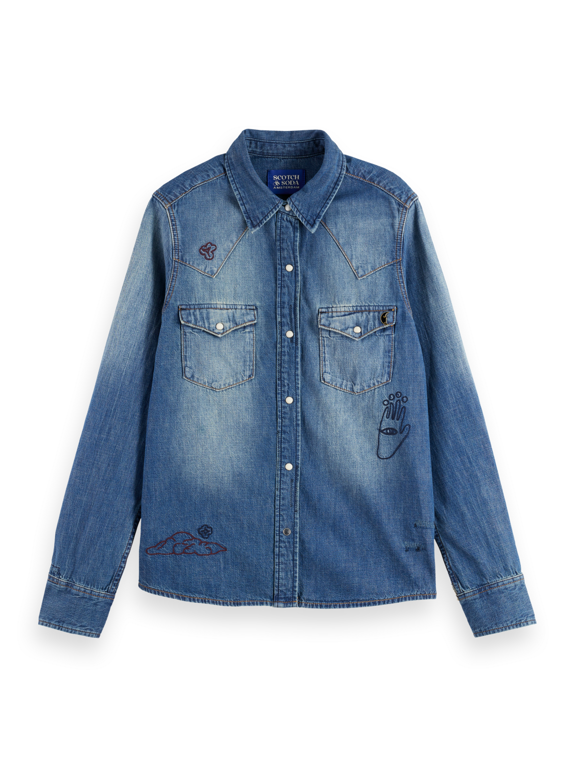 WASHED REGULAR FIT DENIM WESTERN SHIRT WITH EMBROIDERIES