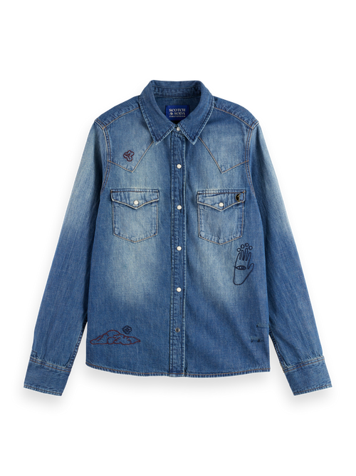 WASHED REGULAR FIT DENIM WESTERN SHIRT WITH EMBROIDERIES