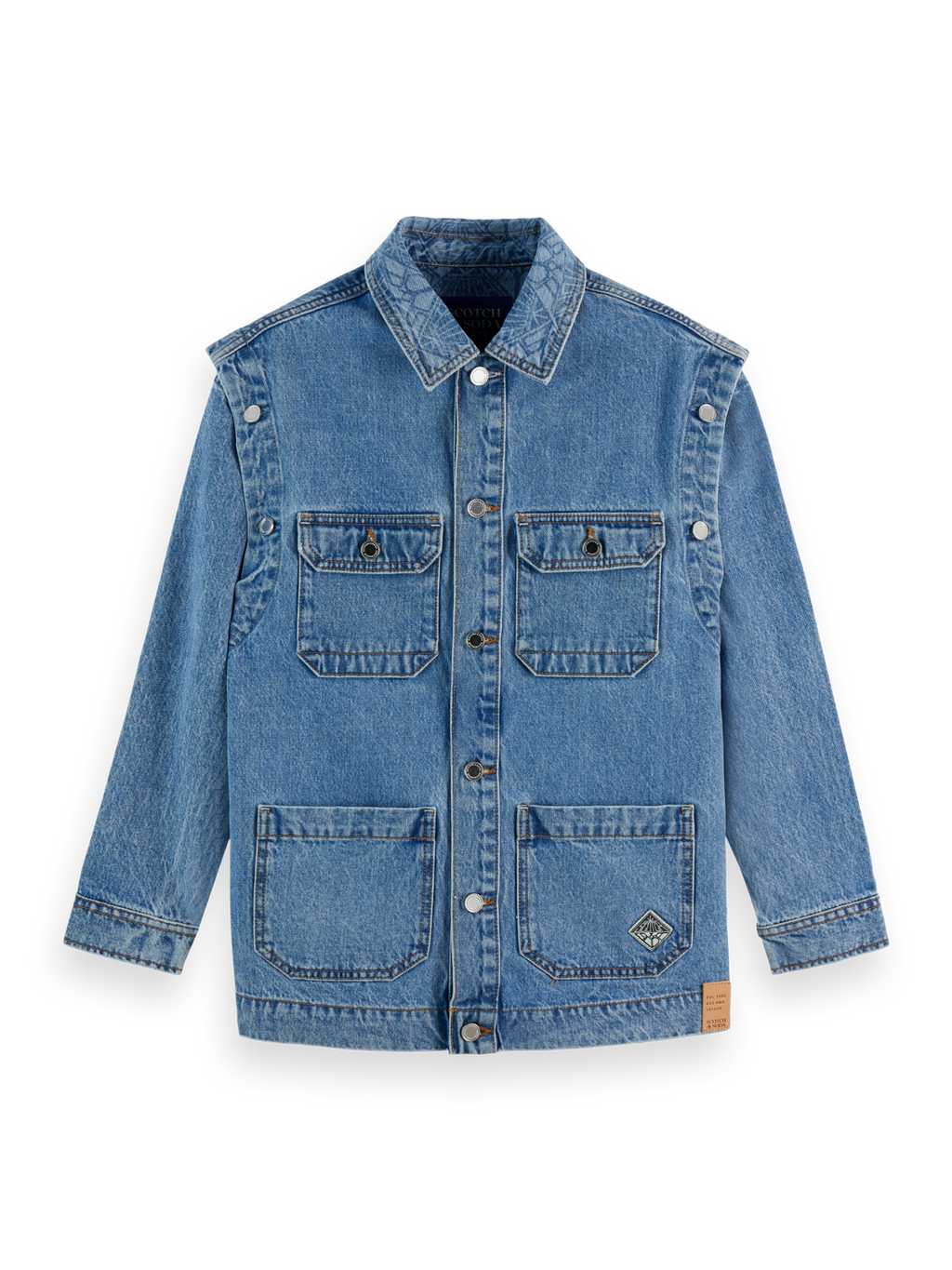 Washed denim jacket with detachable sleeves