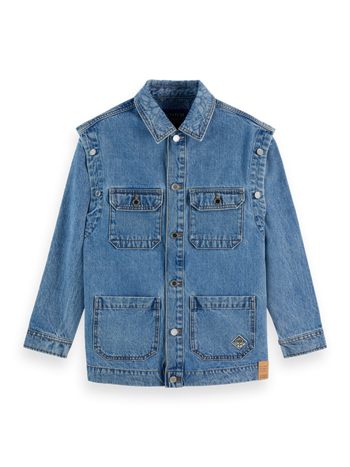 Washed denim jacket with detachable sleeves