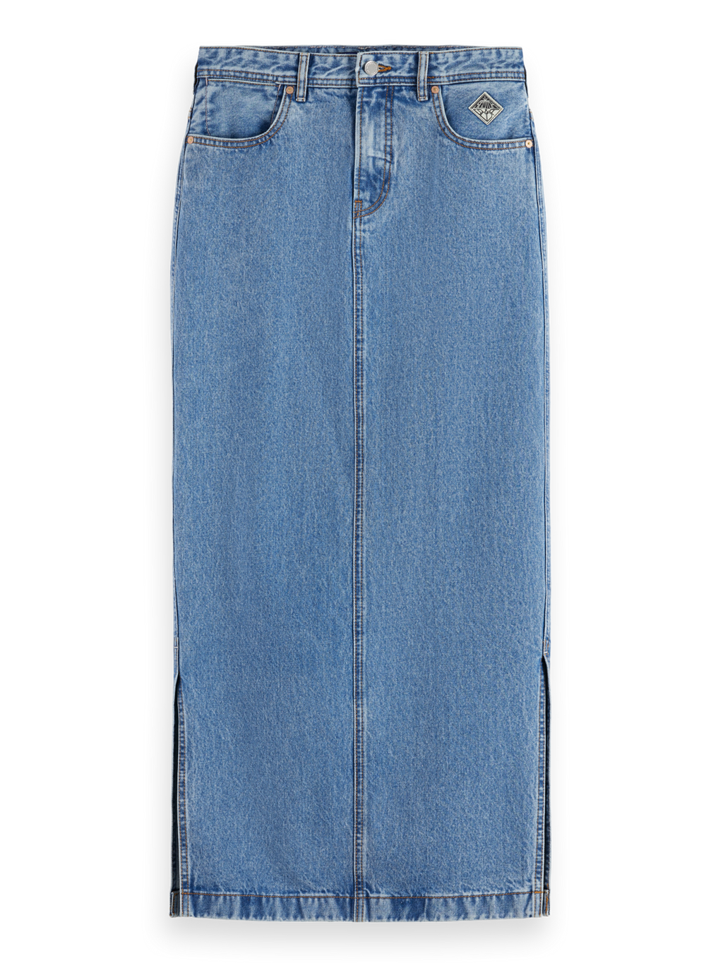 Low rise denim maxi skirt