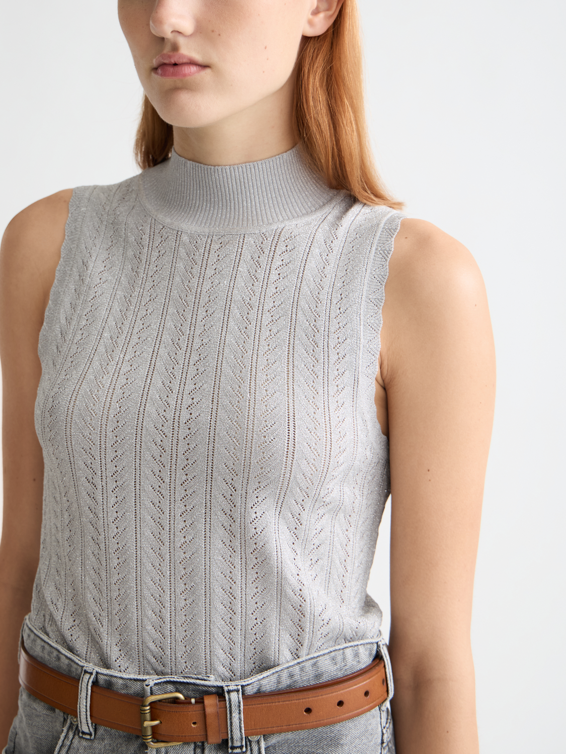 Metallic pointelle knitted tank