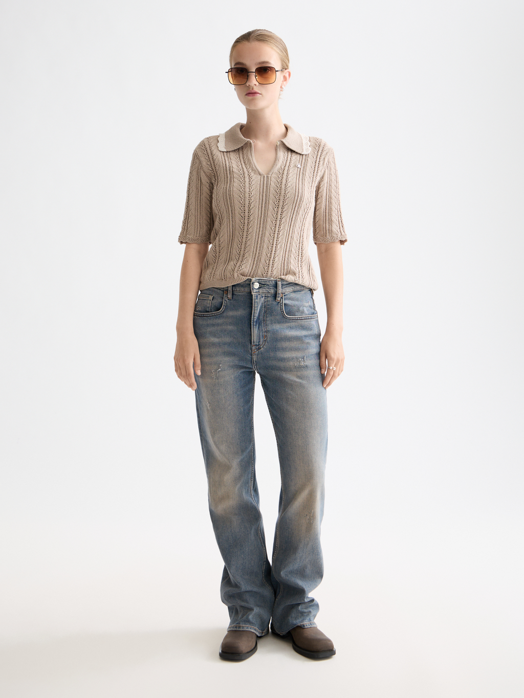Pointelle collared knitted polo