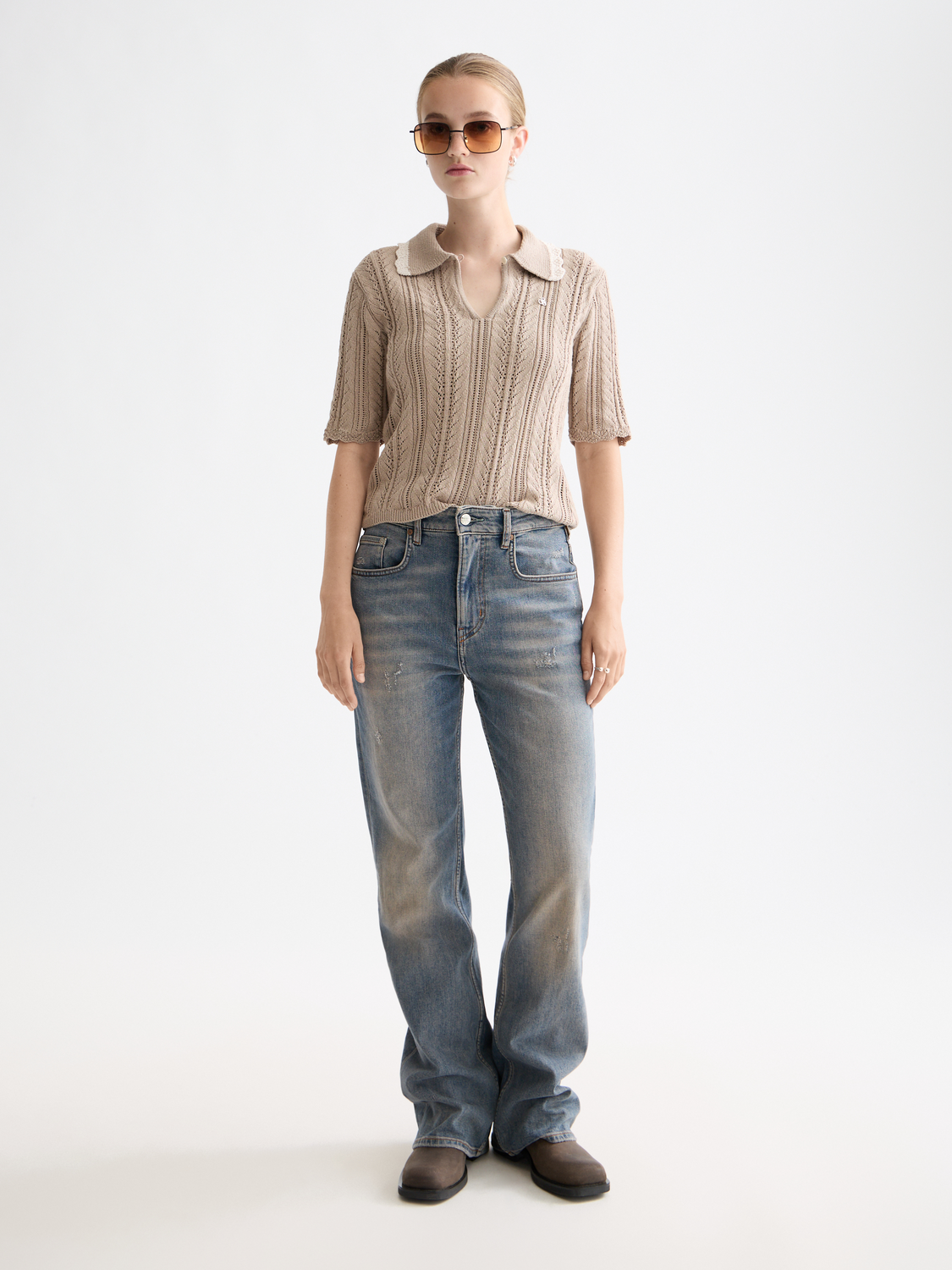 Pointelle collared knitted polo