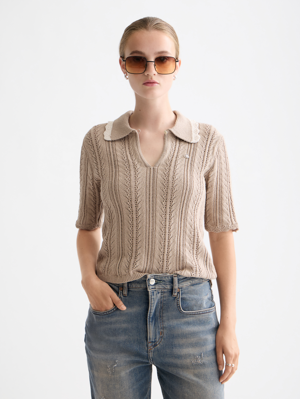 Pointelle collared knitted polo