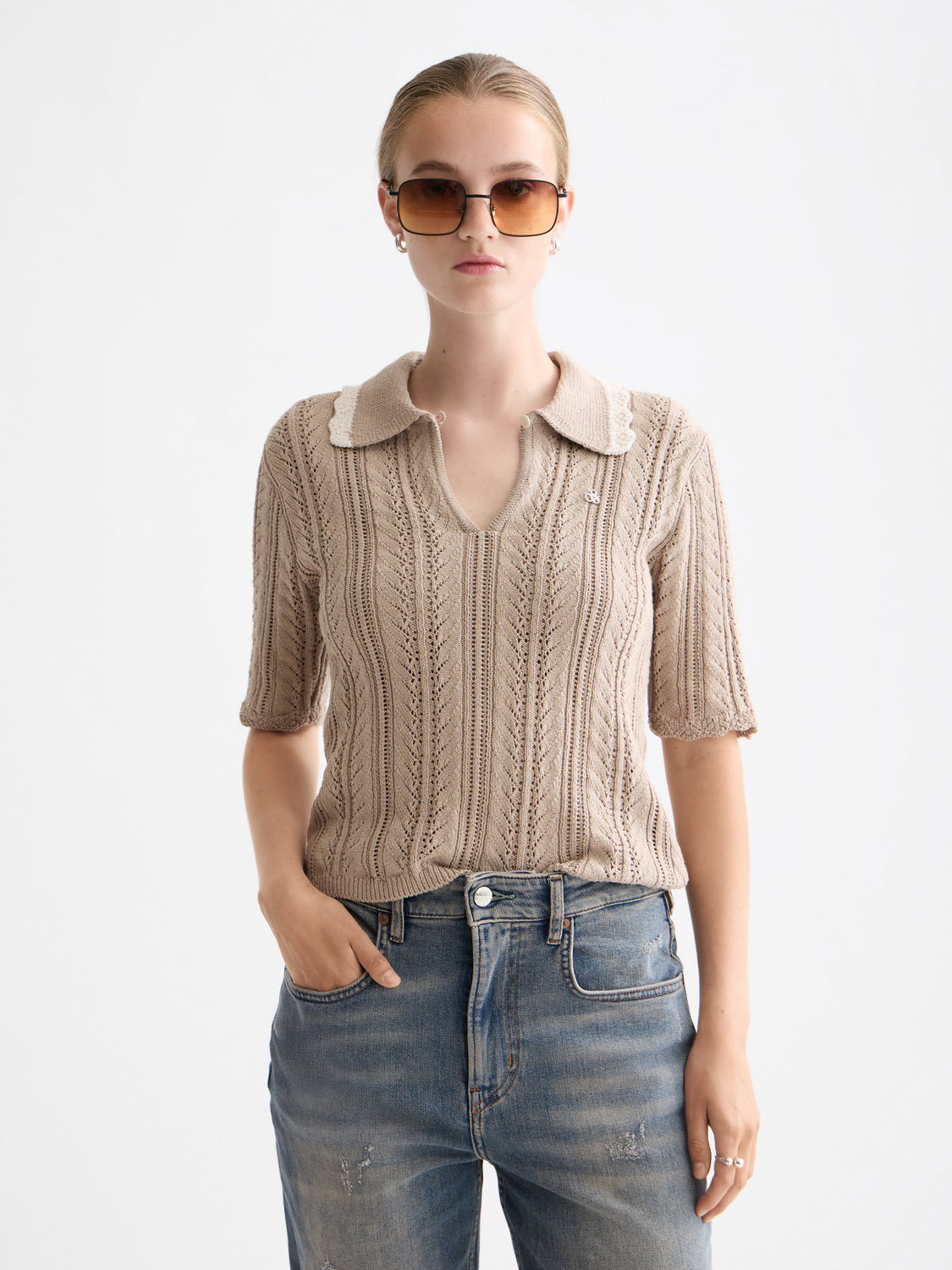 Pointelle collared knitted polo
