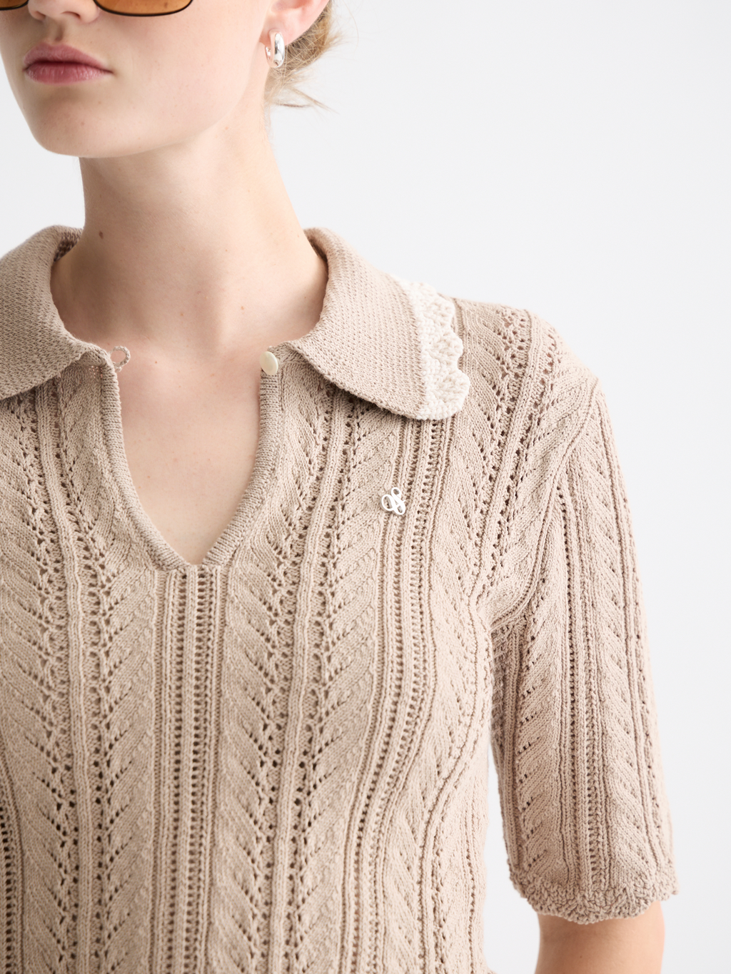 Pointelle collared knitted polo