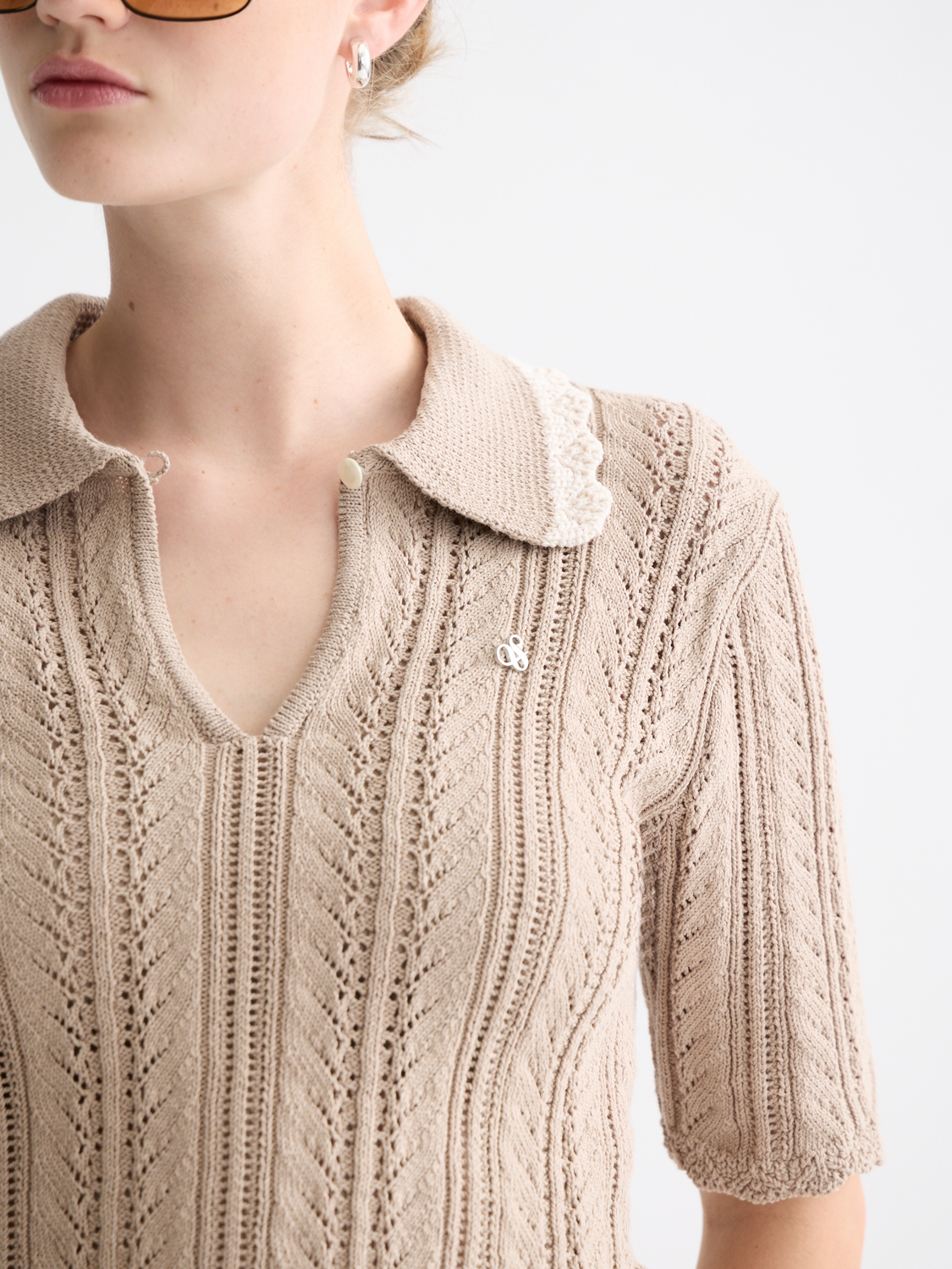 Pointelle collared knitted polo