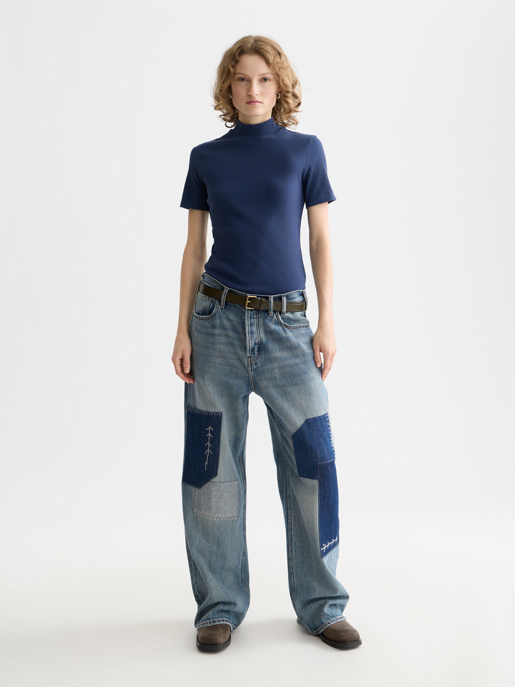 Mock neck rib T-shirt