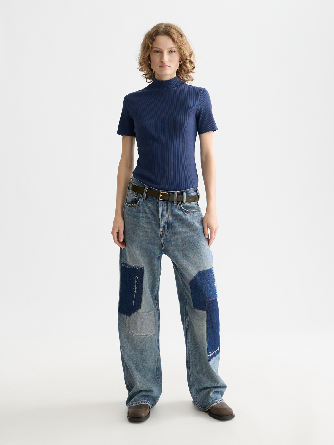 Mock neck rib T-shirt