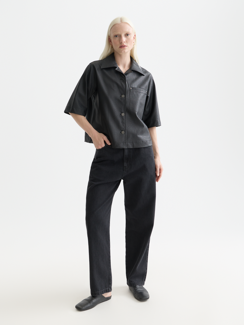 Faux leather a-line sleeve shirt