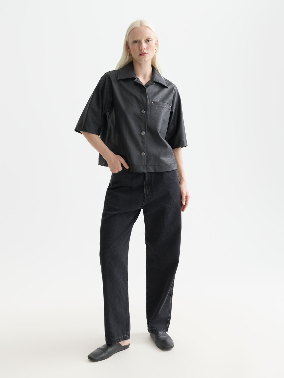 Faux leather a-line sleeve shirt