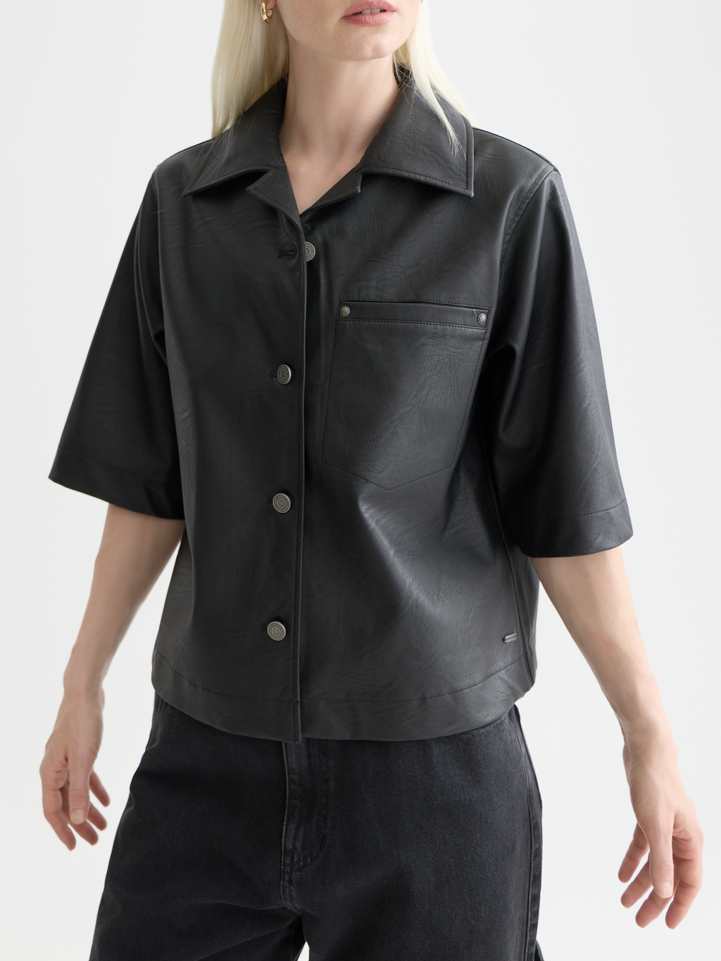 Faux leather a-line sleeve shirt