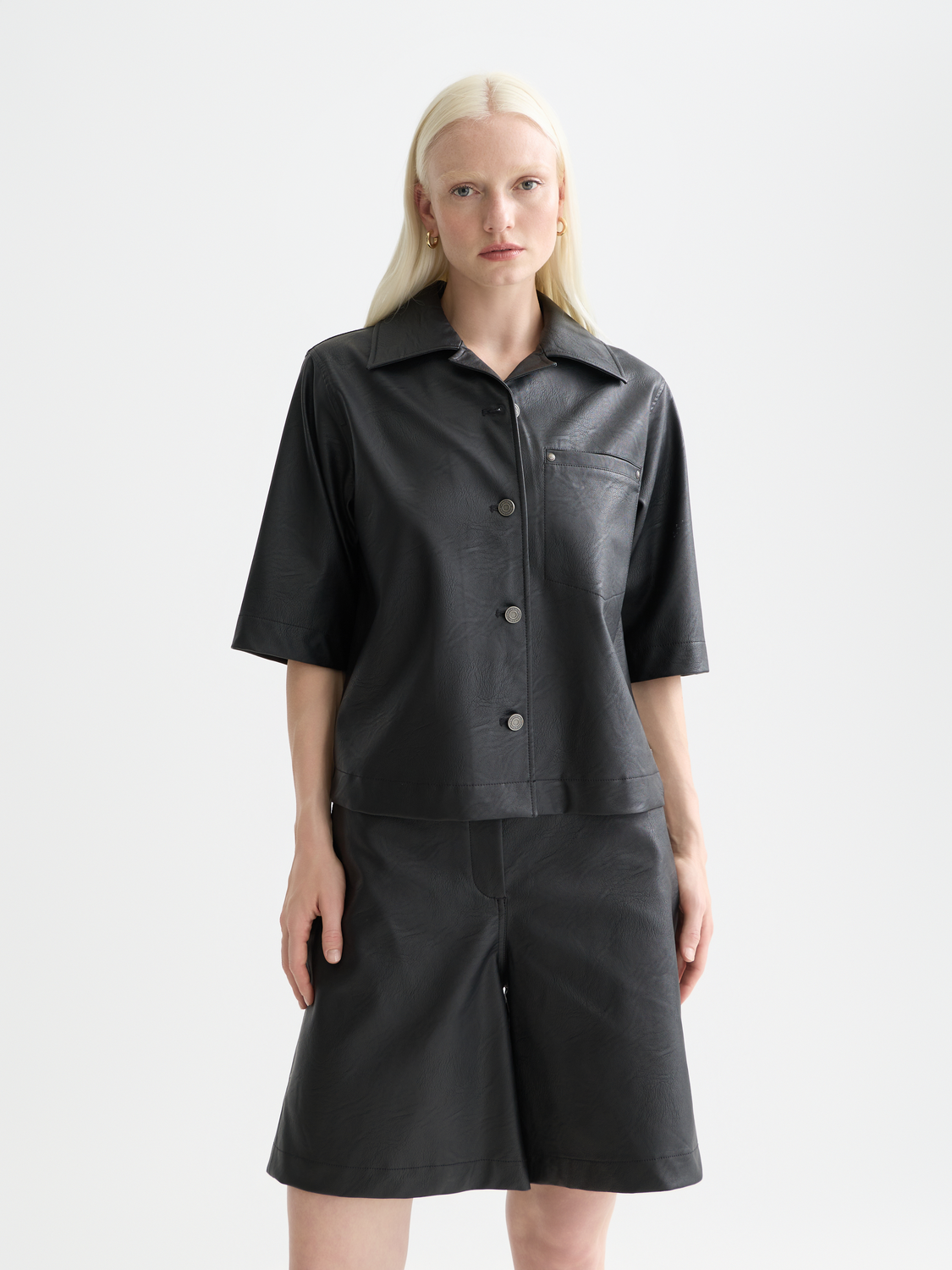 Faux leather a-line sleeve shirt